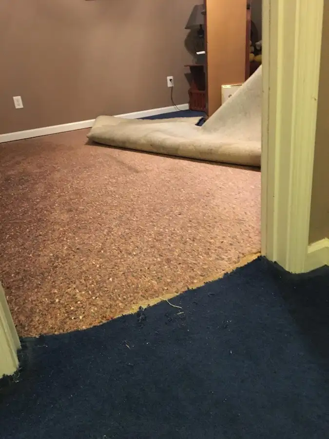 Carpet pad removal revealing water damage during Water Mitigation Services in Clearfield